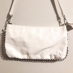 B white leather look over the shoulder purse
